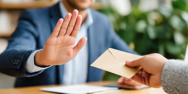 A businessman refuses a bribe and makes a "stop" gesture. The concept of honesty in business.