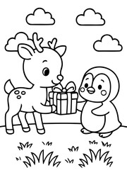 Obraz premium Gift of Friendship: A charming scene unfolds as a delightful reindeer extends a wrapped gift to an equally adorable penguin, symbolizing the pure joy of friendship.