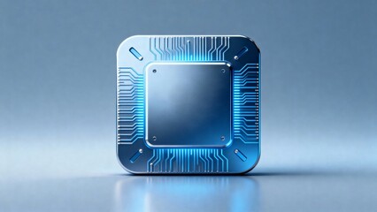 Square electronic chip with illuminated circuit patterns and blue glow