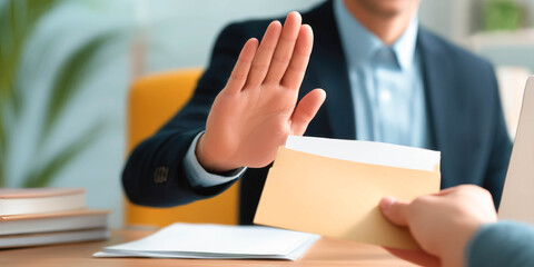 A businessman refuses a bribe and makes a "stop" gesture. The concept of honesty in business.