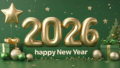 Golden 2026 New Year Celebration with Decorations and Gifts on Green Background