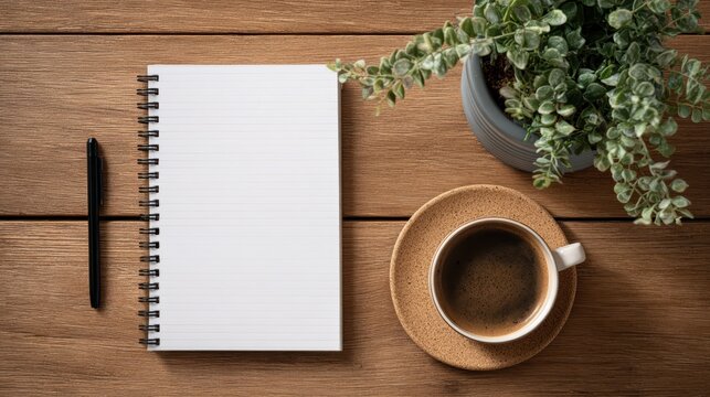 goals list with notebook, coffee cup, plant on wooden table. Resolutions, plan, goals, action, checklist, idea, notebook, wood, book, paper, nature, desk, business, spring, summer