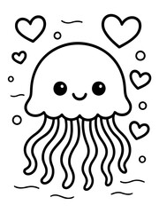 Naklejka premium Jellyfish with love: An illustration depicting a happy jellyfish adorned with hearts, creating a whimsical and loving atmosphere.