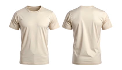 Front and back view of a plain, light beige crew neck t-shirt on a black background