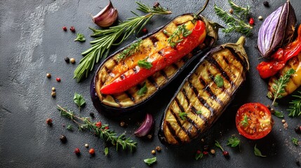 Two halves of grilled eggplant sit beside a grilled red bell pepper. Fresh herbs and vegetables surround them on a dark surface. The scene looks prepared for a meal.