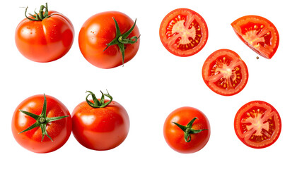 Multiple ripe tomatoes, whole and sliced, on a black background, showcasing fresh produce