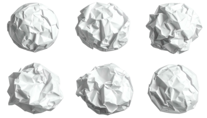 Six white paper balls, crumpled into various shapes, isolated on a transparent background