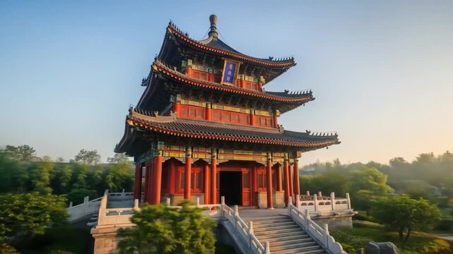 A traditional Chinese pagoda with red walls and dark roof tiles, surrounded by greenery and stairs leading to the entrance, set against a clear blue sky. Perfect for travel brochures,
