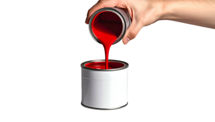 A hand pours red liquid from an open can into another, both set against a black backdrop
