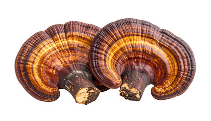 Two stacked, shelf-like fungi, displaying concentric growth rings with a dark stem