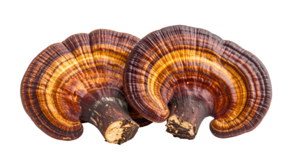 Two stacked, shelf-like fungi, displaying concentric growth rings with a dark stem