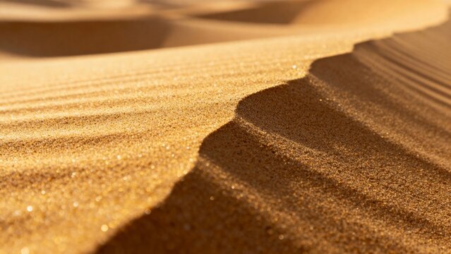 Close-up of golden sand dunes with rippled patterns and soft shadows under sunlight - Powered by Adobe
