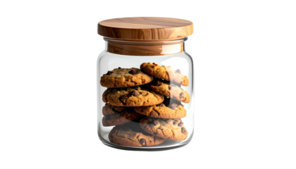 Stacked chocolate chip cookies in a clear glass jar with a wooden lid, isolated on black