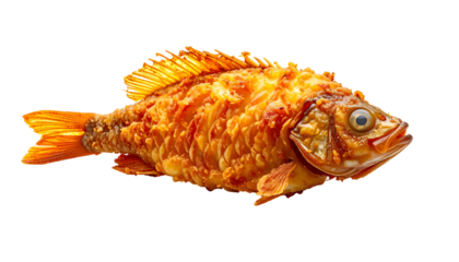 A golden, crispy fried fish on black. The scales and fins are detailed