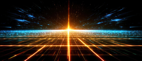 Futuristic Grid with Neon Light Streams and Glowing Rays