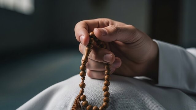 Muslim Man Hands Counting Wooden Tasbih Prayer Beads Close Up