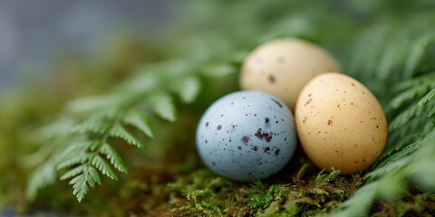 Three eggs are sitting on a mossy green leaf