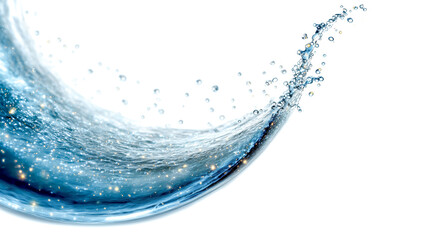 A dynamic curve of pristine water with sparkling highlights, showcasing freshness and purity against a clean, white backdrop. 