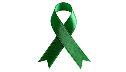 A single, emerald green ribbon loop isolated against a stark black background