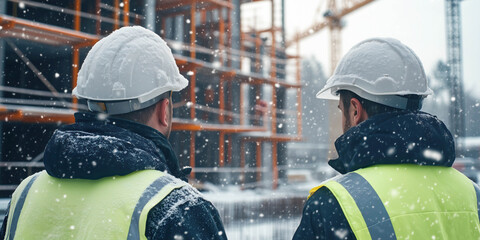 Builders in helmets and vests continue to work on the construction site in winter. Men at work concept.