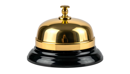 A shiny gold bell with a black base, isolated against a transparent background