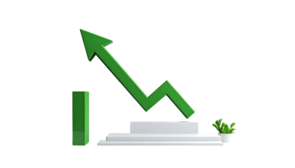 Green up arrow on a white pedestal with a green bar and plant against black