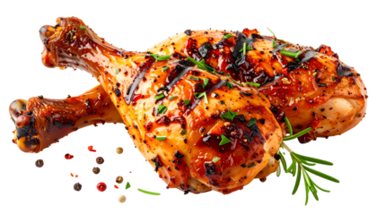 Grilled chicken drumsticks with herbs and pepper, glistening with glaze