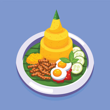 A flat illustration of traditional Indonesian tumpeng rice served with side dishes, suitable for cultural events and culinary promotions.