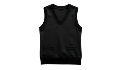 A black, v-neck sweater vest with two front pockets, set against a black backdrop