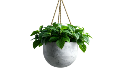 A hanging planter with vibrant green leaves, suspended by woven rope, set against black