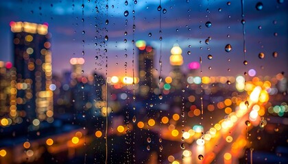 Rainy night city lights bokeh blurred background
