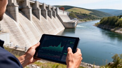 Man using tablet near dam with river
