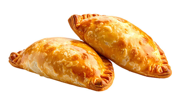 Two golden, flaky, savory pastries, slightly overlapping, isolated on black background