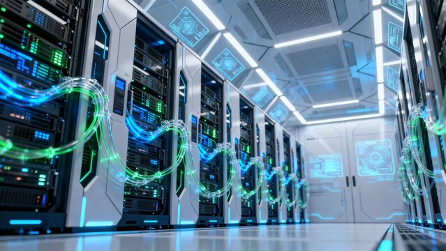 Server room with glowing cables - Powered by Adobe