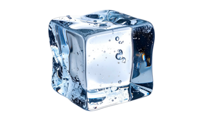 A translucent, glistening ice cube floats against a black background