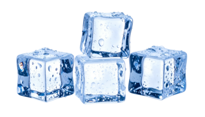 Four translucent ice cubes, clustered, glistening with water droplets against a black background