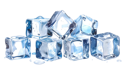A pile of clear, translucent ice cubes with slight blue tints, set against black