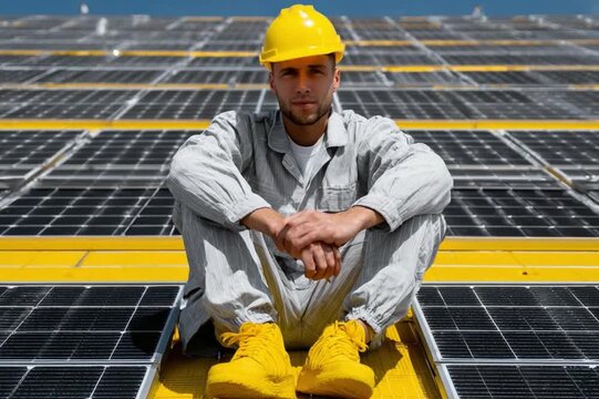 Solar Panel Technician Contemplating: A skilled technician, clad in professional attire, takes a contemplative break amidst a vast array of solar panels.