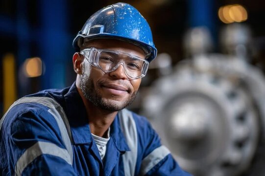 Focused Confidence in the Factory: A skilled worker, embodying diligence and expertise, wearing a hard hat and safety glasses, with an air of assuredness and competence in the factory environment.