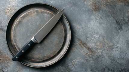 A kitchen knife is resting on a round metal plate. The plate is placed on a textured grey surface. The scene appears well lit showing the metal's shine clearly.