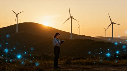 Woman with tablet near wind turbines at sunset