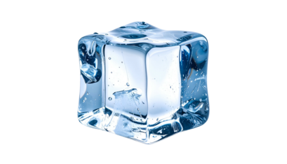 A single, clear ice cube with a slightly imperfect shape against a black background