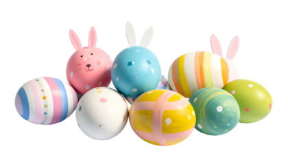A cluster of colorful decorated eggs, some with bunny ears, against a black backdrop