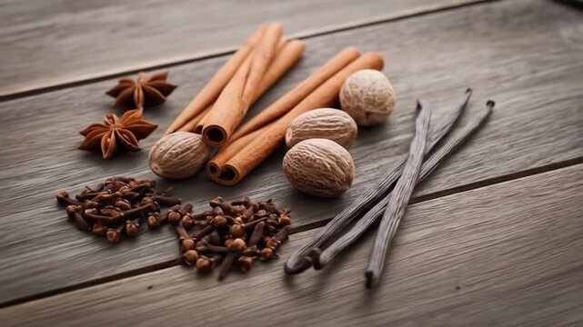 A selection of cinnamon sticks, star anise, nutmeg seeds, walnuts, and vanilla beans arranged on a wooden surface. Great for cooking, baking, and recipe illustrations.