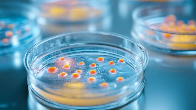 Petri dishes with bacterial colonies growing on nutrient agar are displayed in a laboratory setting. The image highlights scientific research and microbiology experimentation