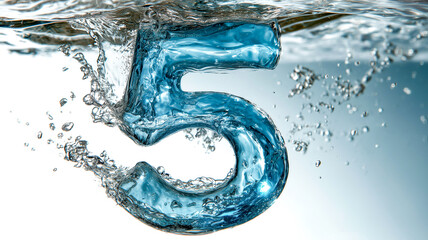 A number five figure crafted from water, suspended in mid-splash, embodying purity and fluidity with a backdrop of white and blue hues.