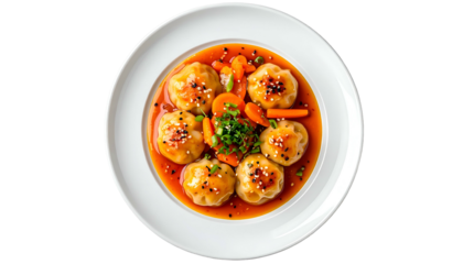 Dumplings in red sauce on a white plate with carrot slices & scallions