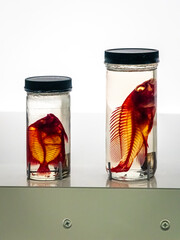 Preserved fish specimen in glass jars on white background