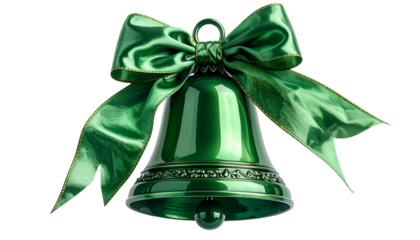 Glossy green bell with elegant ribbon, isolated on black background