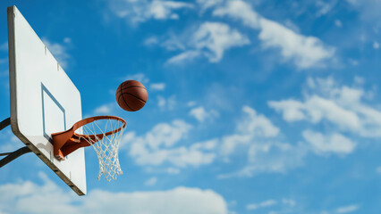 Basketball hoop edge with ball and clouds. Outdoor sports concept.